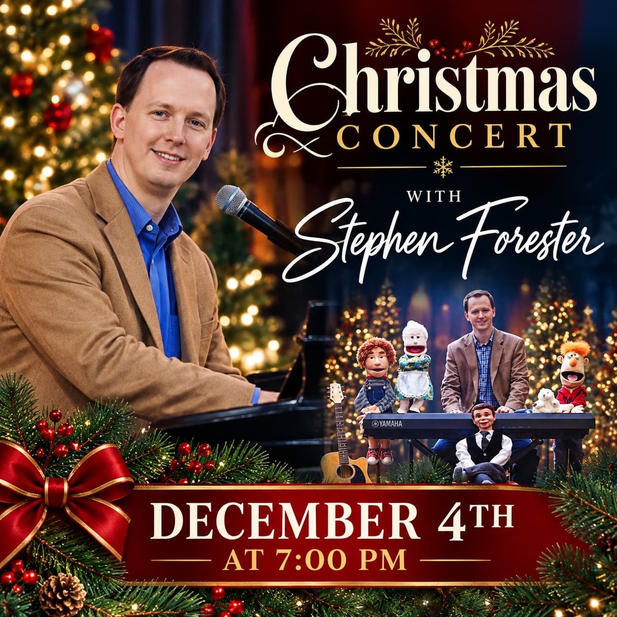 Christmas Concert with Stephen Forester flyer: December 4th at 7:00 PM. Stephen at the piano, and with his puppets at a keyboard.
